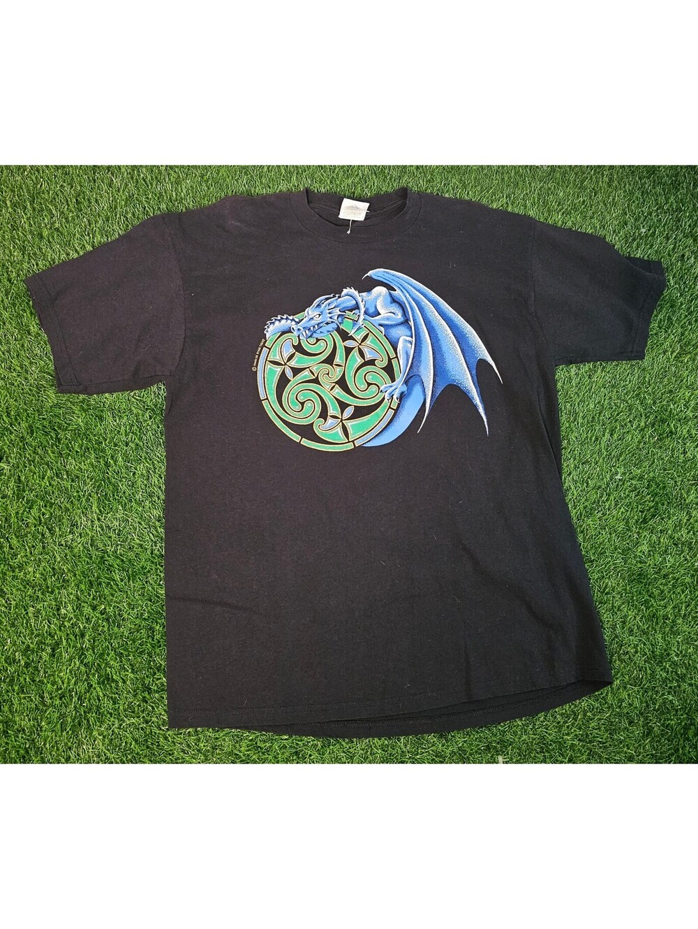 Y2K Blue Dragon Jerzees Black T-Shirt Size Large